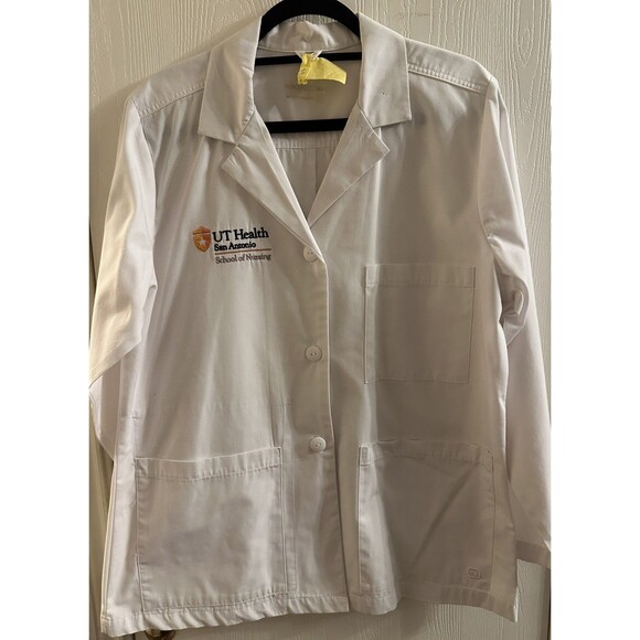 Women’s UT Health San Antonio White Nurses Short Lab Coat Size Large - Picture 1 of 4